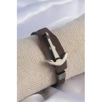 Kahverengi Deri Model Gümüş Renk Çapa Figür Erkek Bileklik