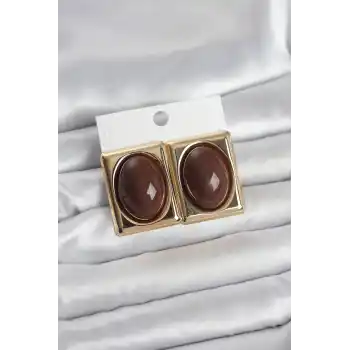 Kahverengi Kare Model Vintage Gold Renk Kadın Küpe