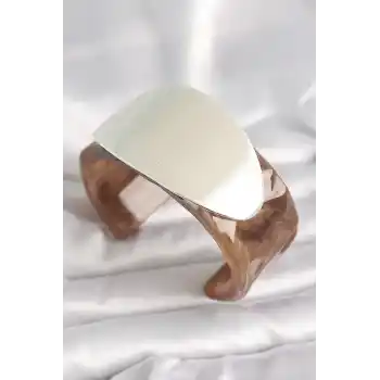 Kahverengi Mermer Desen Akrilik Plastik Gümüş Oval Plaka Model Vintage Kadın Bilezik