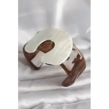 Kahverengi Mermer Desen Akrilik Plastik Gümüş Plaka Model Vintage Kadın Bilezik