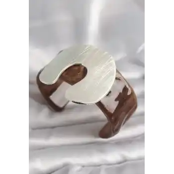 Kahverengi Mermer Desen Akrilik Plastik Gümüş Plaka Model Vintage Kadın Bilezik