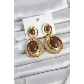 Kahverengi Sallantılı Damla Model Gold Renk Vintage Kadın Küpe