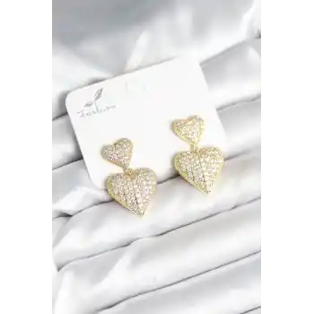 Kalp Model Zirkon Taşlı Gold Renk Pirinç Kadın Küpe