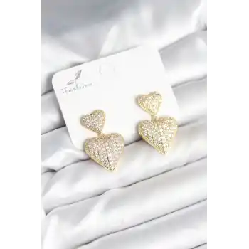 Kalp Model Zirkon Taşlı Gold Renk Pirinç Kadın Küpe