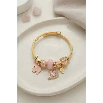 Kalp ve Fil Model Pembe Charmlı Bileklik