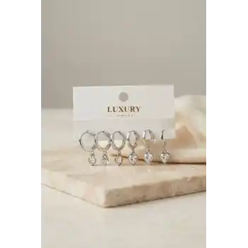 Kalp Zirkon Taşlı Gümüş Renk Pirinç Set Küpe