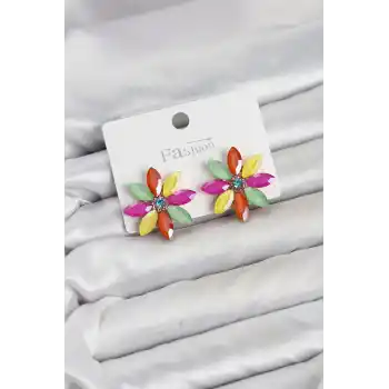 Karışık Renk Kristal Taşlı Lotus Çiçek Model Kadın Küpe