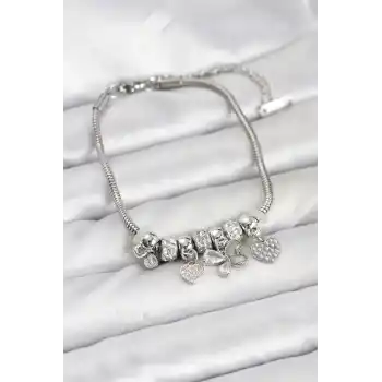 Kelebek Charmlı Gümüş Renk Kadın Bileklik