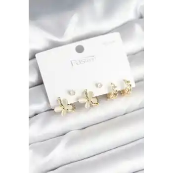 Kelebek Model Gold Renk Pirinç 925 Ayar Gümüş Çivili Kadın Küpe Seti