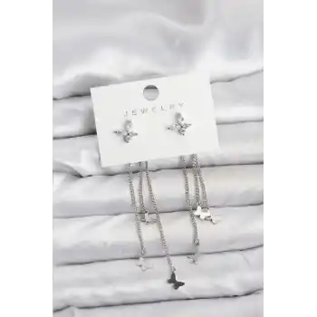 Kelebek Model Gümüş Renk Pirinç Sallantılı Kadın Küpe