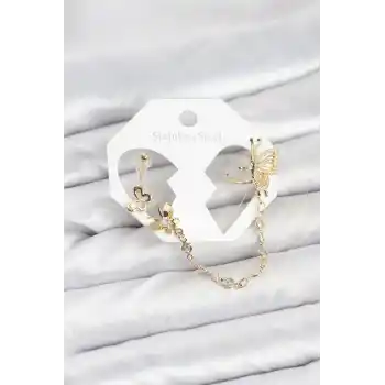 Kelebekli Model Pirinç Gold Renk Zincir Bağlantılı Ear Cuff Küpe Seti