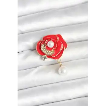 Kırmızı Gül İncili Model Broş