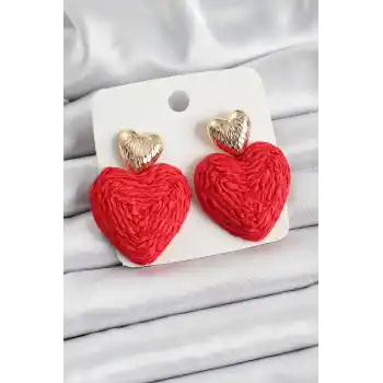 Kırmızı Kalp Figürlü Hasır Örgü Model Gold Renk Kadın Küpe
