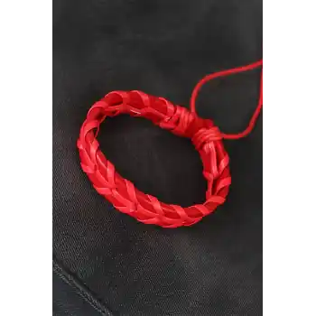 Kırmızı Örgü Deri Erkek Bileklik