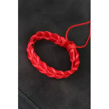Kırmızı Örgü Deri Erkek Bileklik