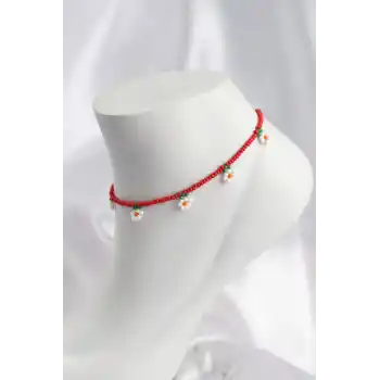 Kırmızı Renk Boncuklu Papatya Motifli Halhal