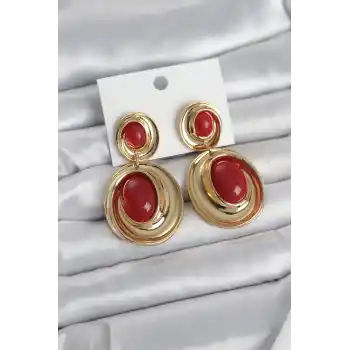 Kırmızı Sallantılı Damla Model Gold Renk Vintage Kadın Küpe