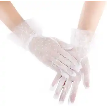 Kısa Boy Güpürlü Beyaz Puantiyeli Tül Eldiven Beyaz Renk