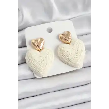 Krem Kalp Figürlü Hasır Örgü Model Gold Renk Kadın Küpe