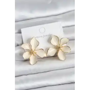 Krem Mineli Çiçek Model Pirinç Kadın Küpe