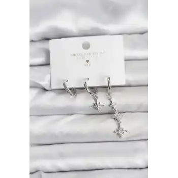 Kutup Yıldızı Model Gümüş Renk Pirinç 3lü Kadın Küpe Seti