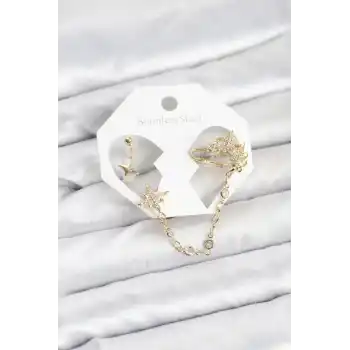 Kutup Yıldızı Model Pirinç Gold Renk Zincir Bağlantılı Ear Cuff Küpe Seti