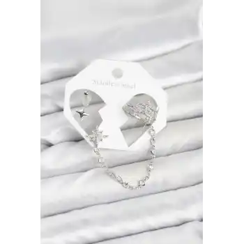 Kutup Yıldızı Model Pirinç Gümüş Renk Zincir Bağlantılı Ear Cuff Küpe Seti