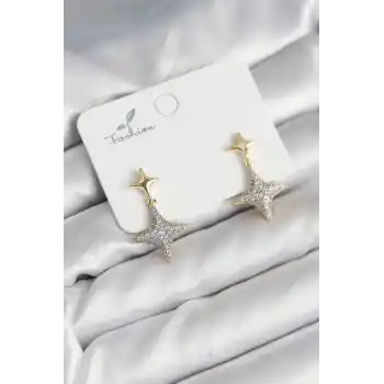 Kutup Yıldızı Pirinç Gold Renk Zirkon Taşlı Kadın Küpe