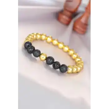 Lav Doğal Taş Detaylı Hematit Gold Renk Erkek Bileklik