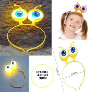 Led Işıklı &amp;amp; Pilli 3 Farklı Modda Yanan Uzaylı Göz Parti Tacı Sarı Renk 18x12 cm (5069)