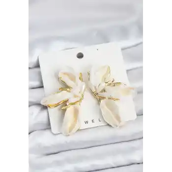 Lotus Model Beyaz Renk Tüllü Kadın Küpe