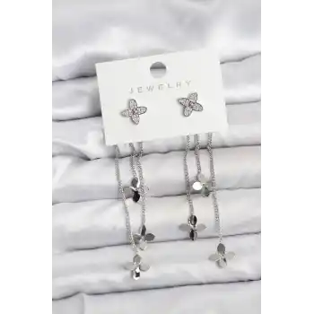 Lotus Model Gümüş Renk Pirinç Sallantılı Kadın Küpe