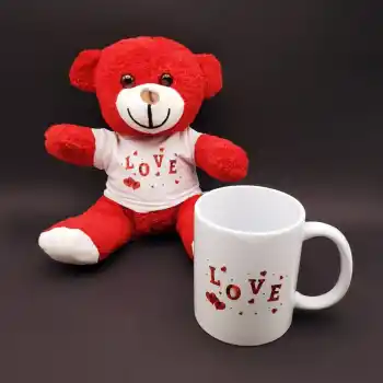 Love Tasarımlı Kupa Bardak Ve Kırmızı Ayıcık Seti