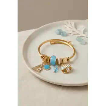 Mavi Deniz Kabuğu Model Gold Renk Charmlı Bileklik