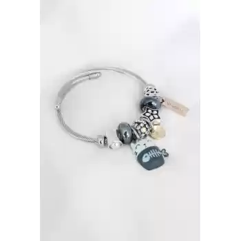 Mavi Kedi Figür Yıldız Detay Gümüş Renk Charm Çelik Kadın Bileklik