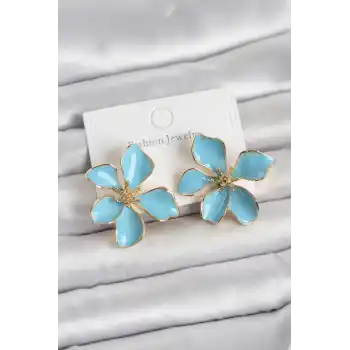 Mavi Mineli Çiçek Model Pirinç Kadın Küpe