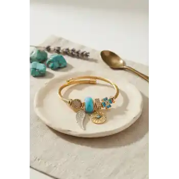Mavi Renk Göz Model Gold Charmlı Bileklik