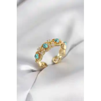 Mavi Taşlı Gold Renk Vintage Kadın Yüzük
