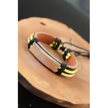 Metal Aksesuarlı Sarı Siyah Renk Deri Erkek Bileklik