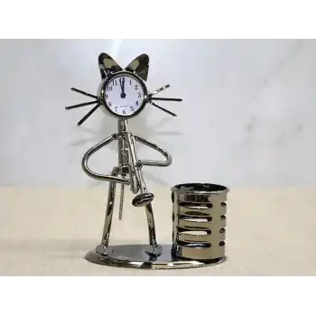 Metal Saksafon Çalan Kedi Müzisyen Saat Ve Kalemlik Alk4346