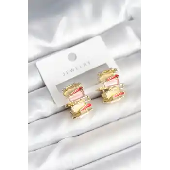 Mineli Karışık Renkli Gold Pirinç Kadın Küpe