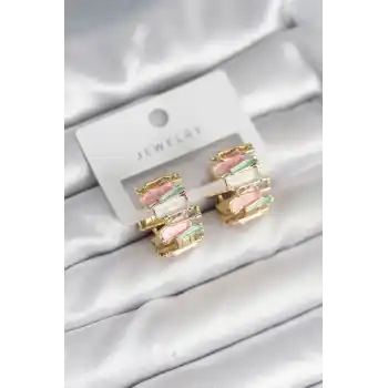Mineli Karışık Renkli Gold Pirinç Kadın Küpe