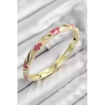 Mineli Pirinç Çiçek Motifli Gold Renk Kadın Kelepçe