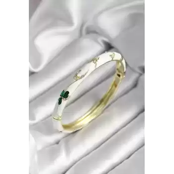 Mineli Pirinç Pembe Çiçek Desenli Gold Renk Kadın Kelepçe