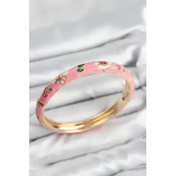 Mineli Pirinç Pembe Çiçek Motifli Gold Kadın Kelepçe