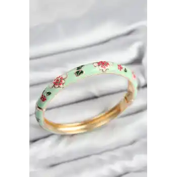 Mineli Pirinç Su Yeşili Çiçek Motifli Gold Kadın Kelepçe