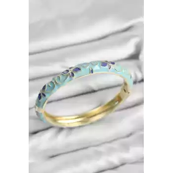 Mineli Pirinç Turkuaz Çiçek Motifli Gold Kadın Kelepçe