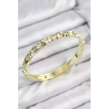 Mineli Pirinç Zirkon Taşlı Beyaz Çiçek Motifli Gold Kadın Kelepçe