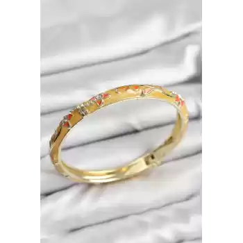 Mineli Pirinç Zirkon Taşlı Hardal Çiçek Motifli Gold Kadın Kelepçe