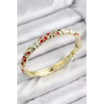 Mineli Pirinç Zirkon Taşlı Kırmızı Çiçek Motifli Gold Kadın Kelepçe